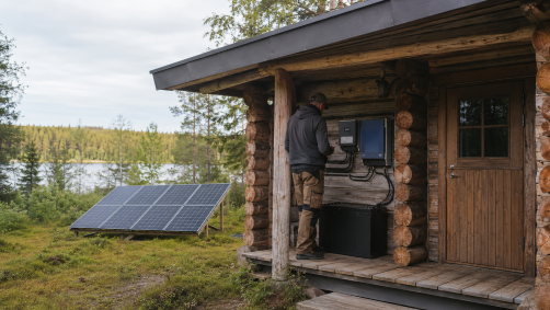 Aurinkopaneelijärjestelmä suomalaisella off-grid-mökillä